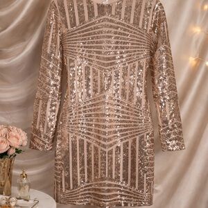 Metallic Rose Gold Sequin Long Sleeve Dress